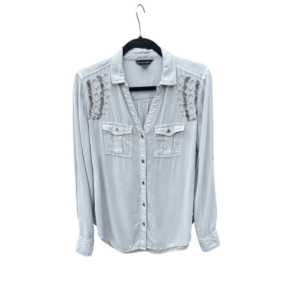 Rock & Republic Shirt Medium 100% Rayon Beaded Button Front Gray Blouse